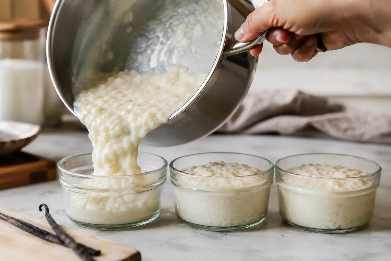 Riz au lait protéiné versé dans des ramequins en verre alignés