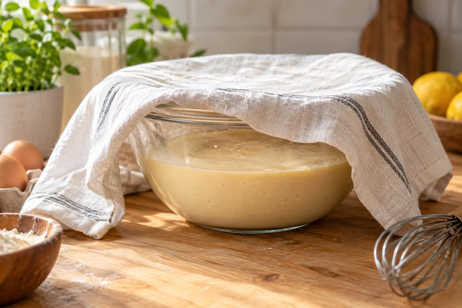 Saladier de pâte à crêpes recouvert d'un torchon posé sur un plan de travail