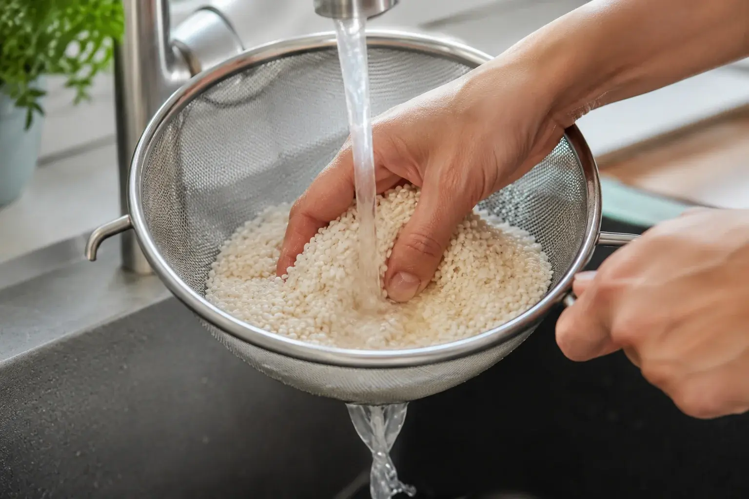 Riz rond rincé sous un filet d'eau dans une passoire fine