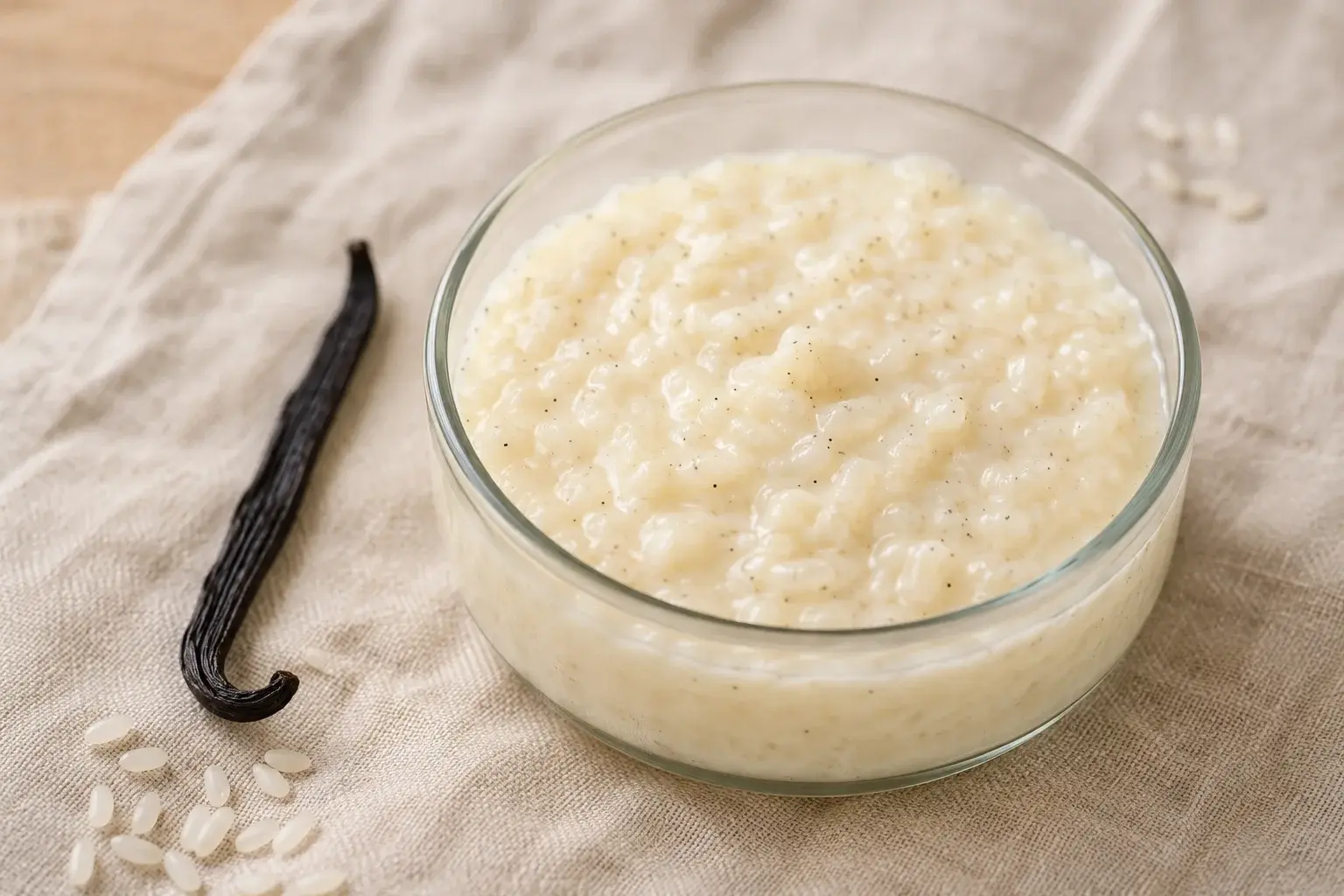 Riz au lait protéiné à la vanille servi dans un ramequin en verre avec une gousse de vanille