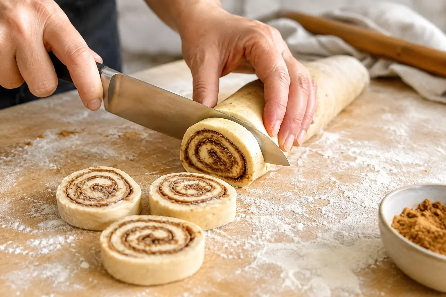 Mains découpant un rouleau de pâte à la cannelle en tranches régulières avec un couteau