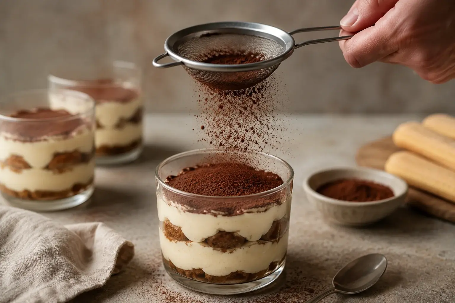 Saupoudrage de cacao en poudre sur le tiramisu aux spéculoos protéiné prêt à servir