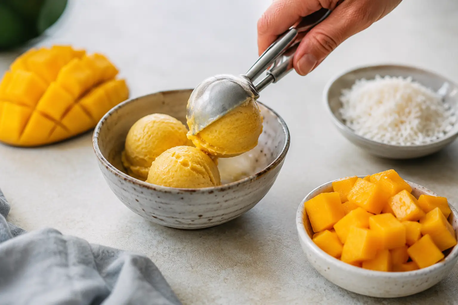 Frozen yogurt mangue servi en boules dans un bol avec des toppings de mangue et coco