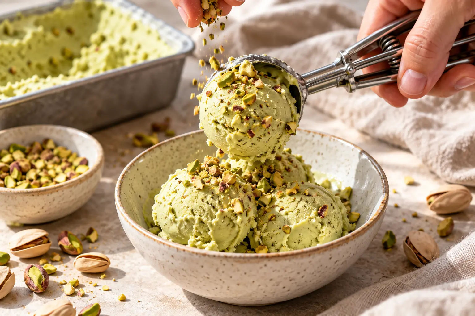 Boules de glace pistache protéinée garnies de pistaches concassées dans un bol