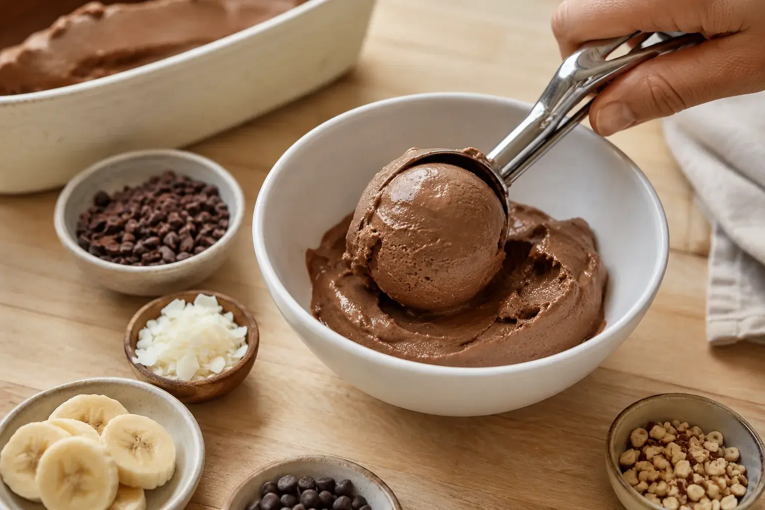 Nice cream banane-chocolat dressée dans un bol avec toppings disposés à la main