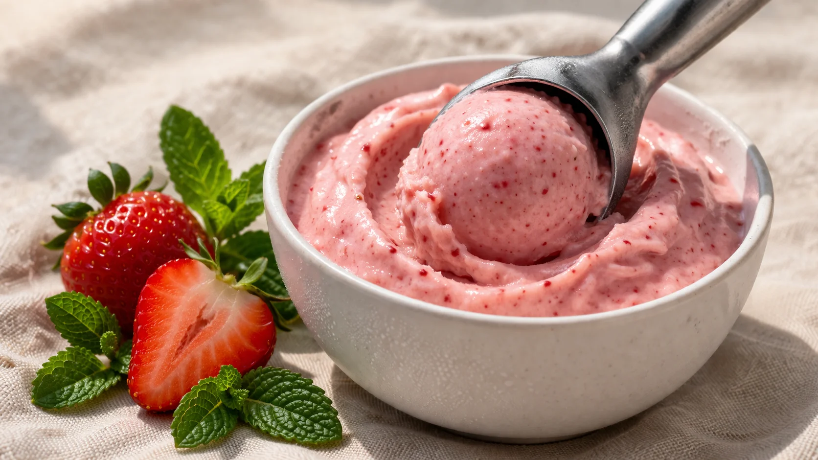 Cuillère à glace formant une boule de nice cream fraise rose dans un bol en céramique blanche, fraises fraîches et feuilles de menthe en décoration, fond lin beige