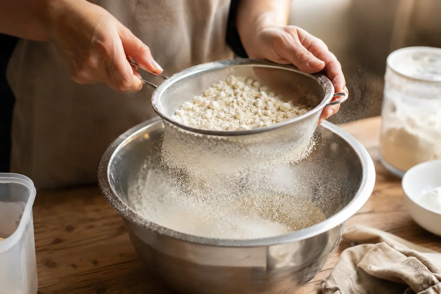 Mélange des ingrédients secs tamisés dans un saladier pour cupcakes protéinés