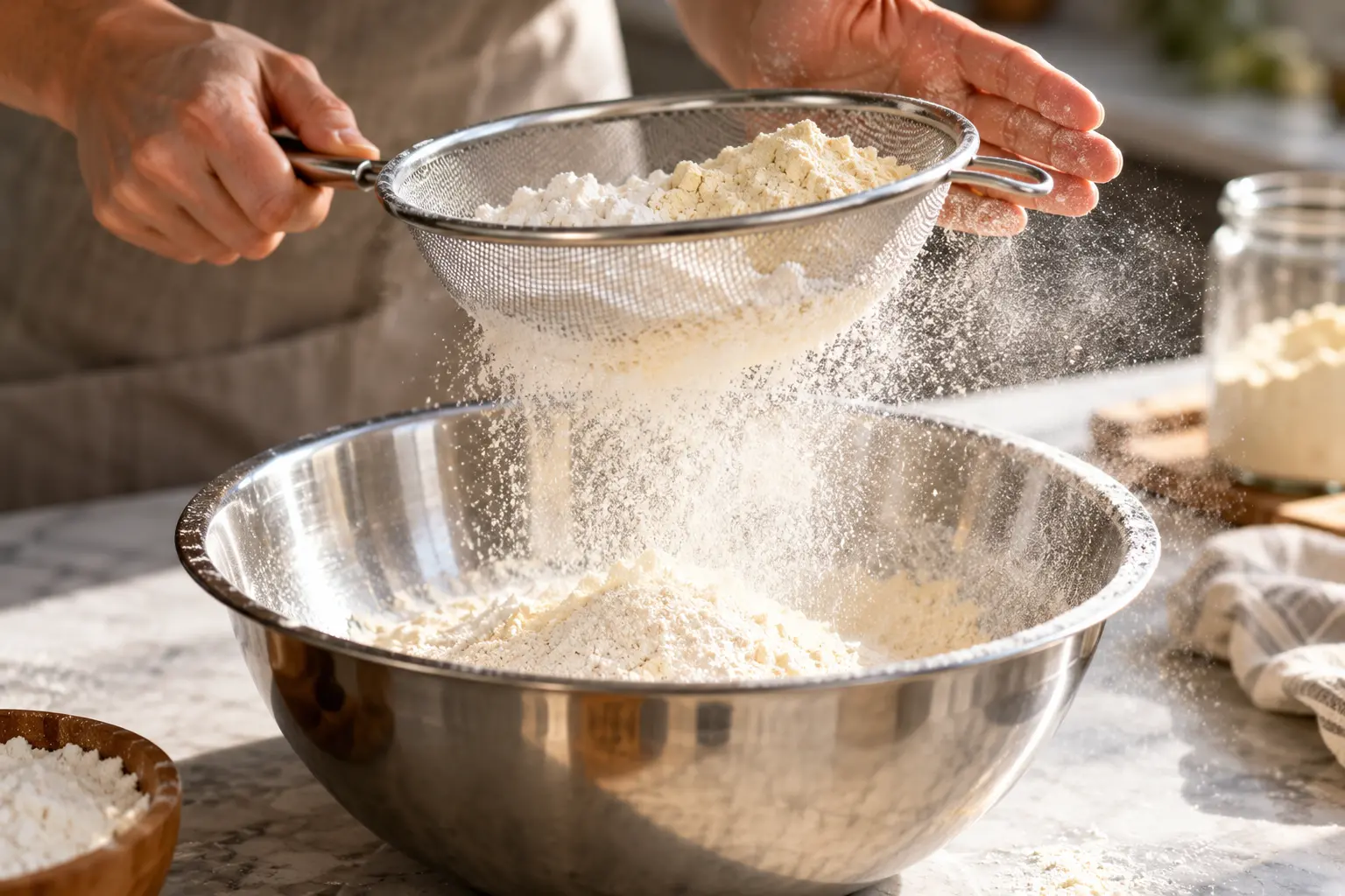 Farine et whey vanille tamisées dans un saladier