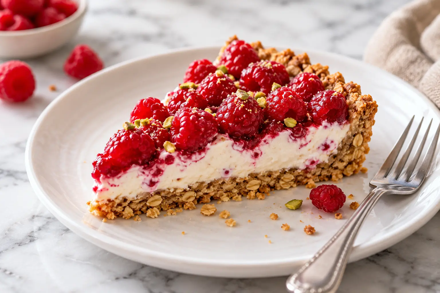 Part de tarte aux framboises protéinée sur une assiette blanche avec quelques framboises autour