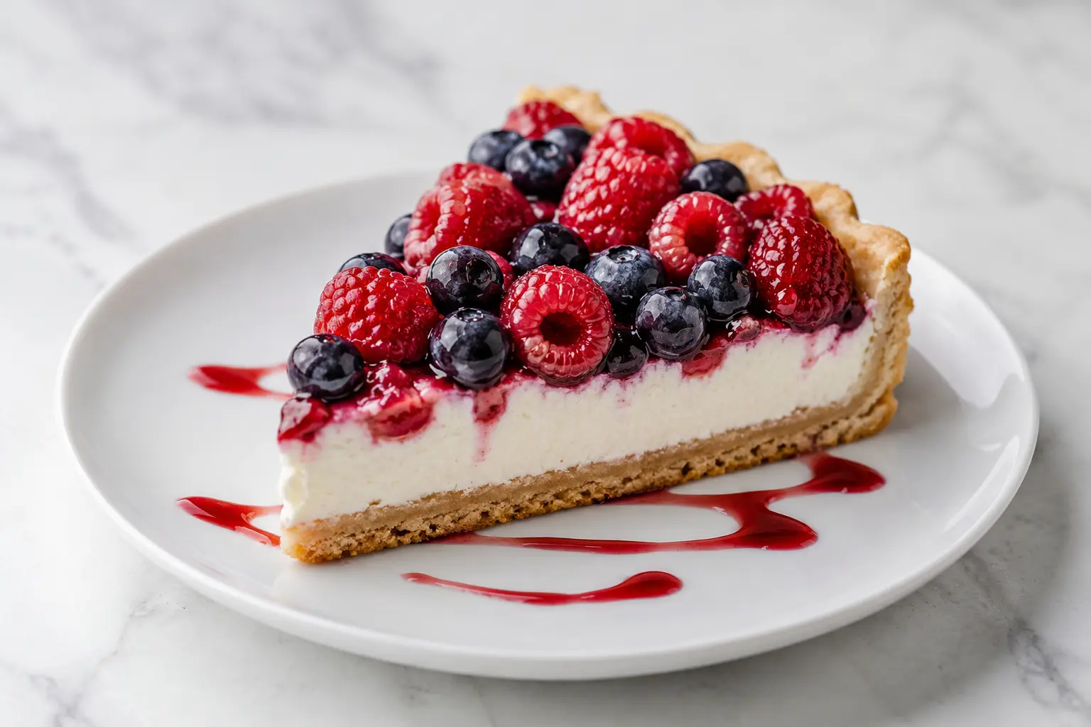 Part de tarte aux fruits rouges protéinée sur assiette blanche avec coulis de framboise