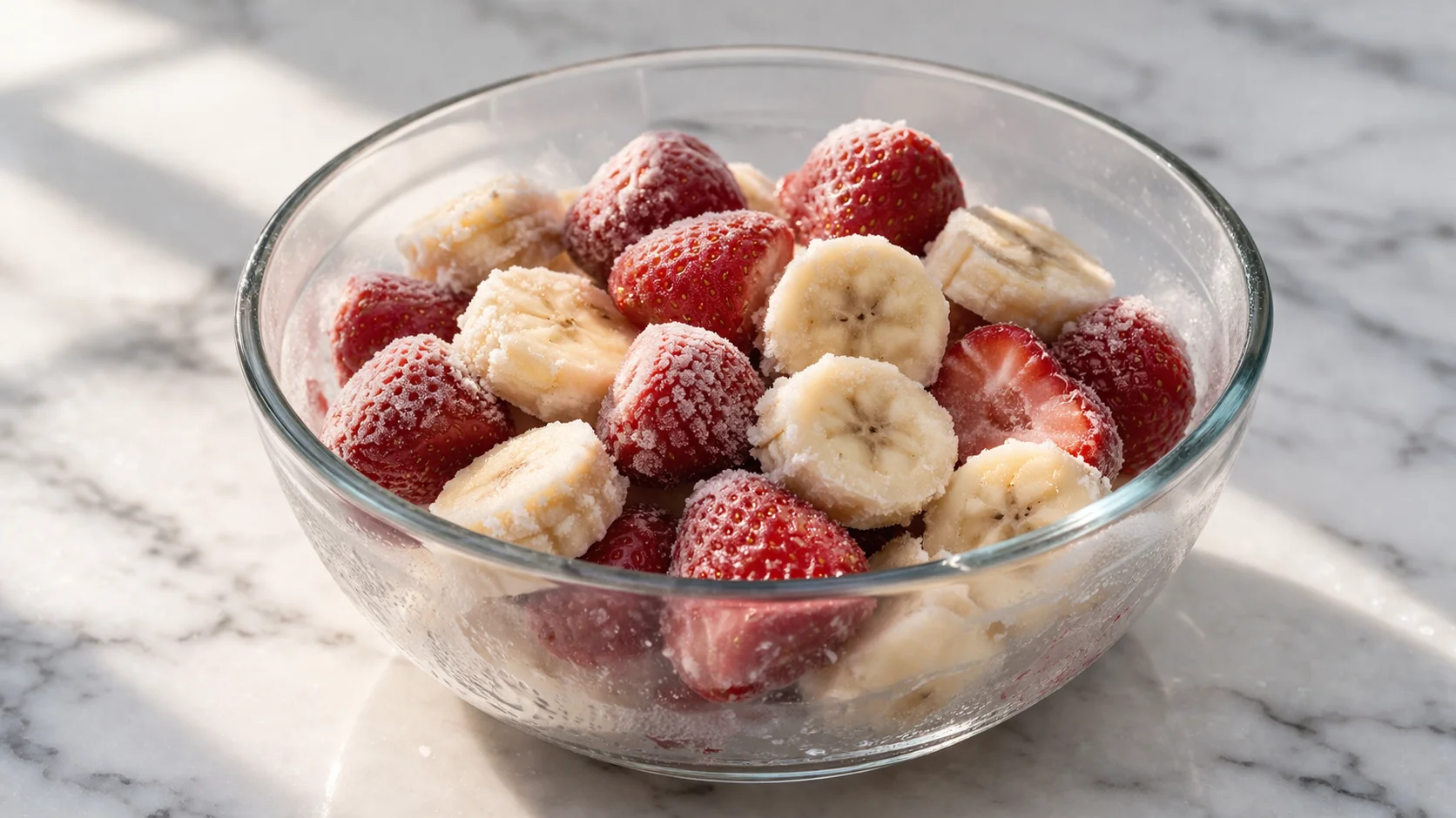Rondelles de bananes congelées et fraises surgelées dans un bol en verre posé sur un plan de travail en marbre, en cours de tempérage