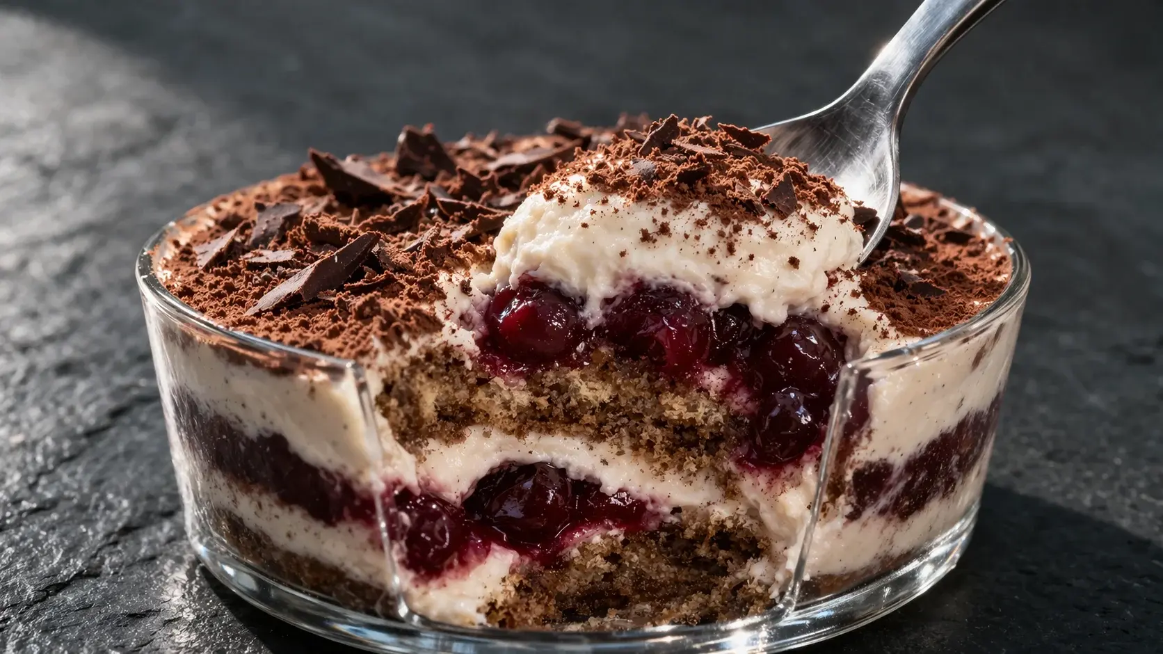 Gros plan sur une cuillère plongeant dans un tiramisu forêt noire révélant les couches de biscuit, crème protéinée et griottes