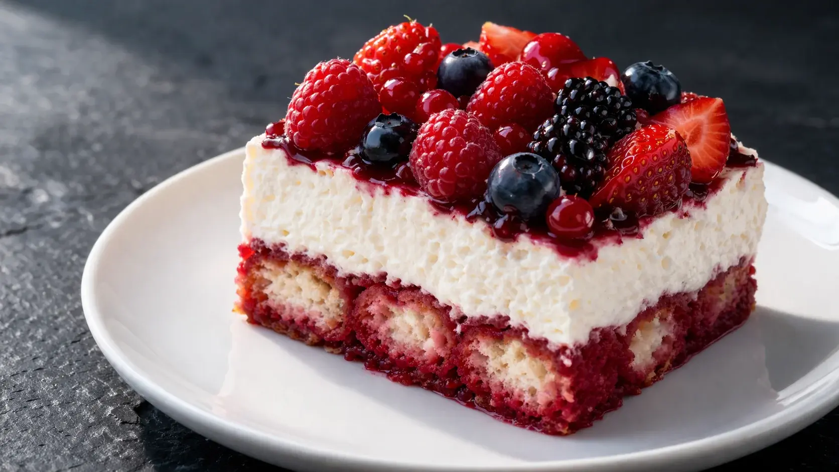 Gros plan sur une part de tiramisu protéiné aux fruits rouges révélant les couches nettes, biscuits imbibés de coulis rouge, crème blanche aérienne et fruits rouges, fond ardoise sombre
