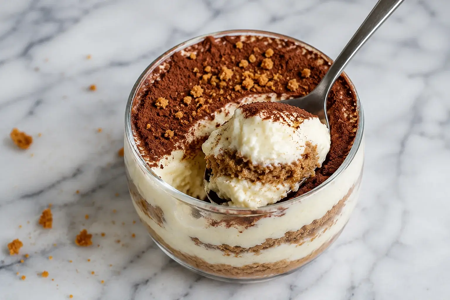 Portion individuelle de tiramisu spéculoos protéiné saupoudrée de miettes de biscuit
