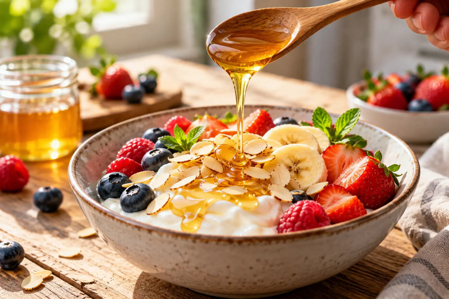 Filet de miel coulant sur un bowl de fromage blanc garni de fruits et amandes