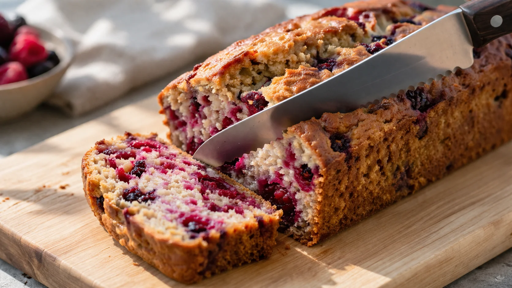 Cake protéiné aux fruits rouges refroidi sur une grille, en cours de tranchage au couteau à pain sur une planche en bois clair, mie visible