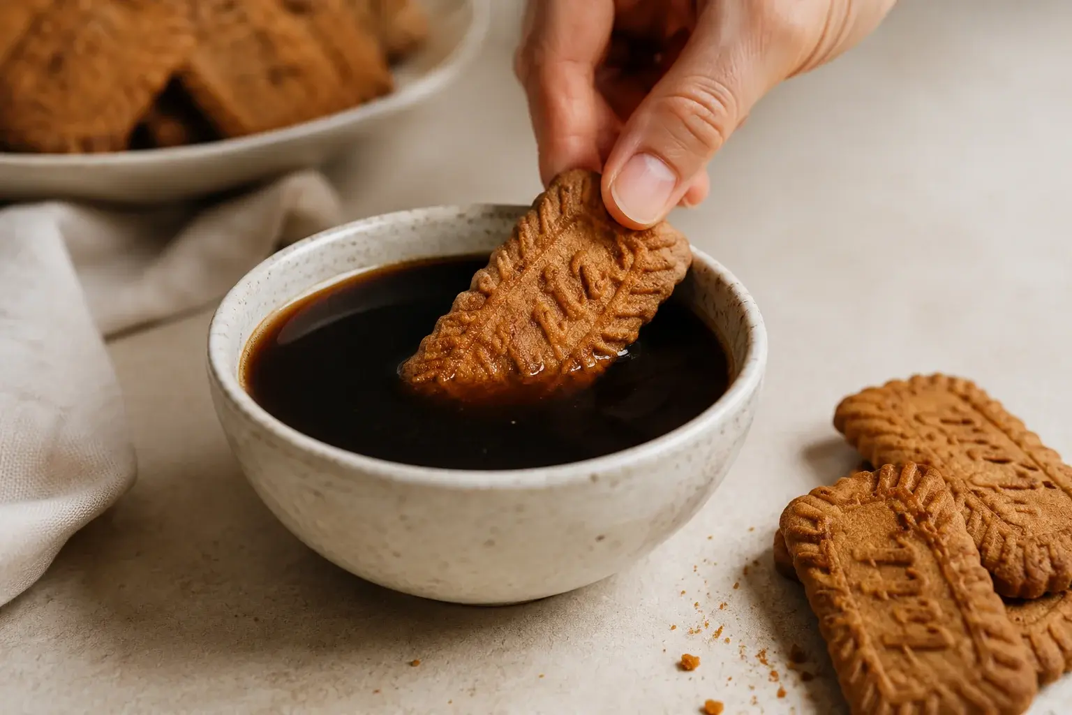 Main trempant un spéculoos dans un bol de café espresso refroidi