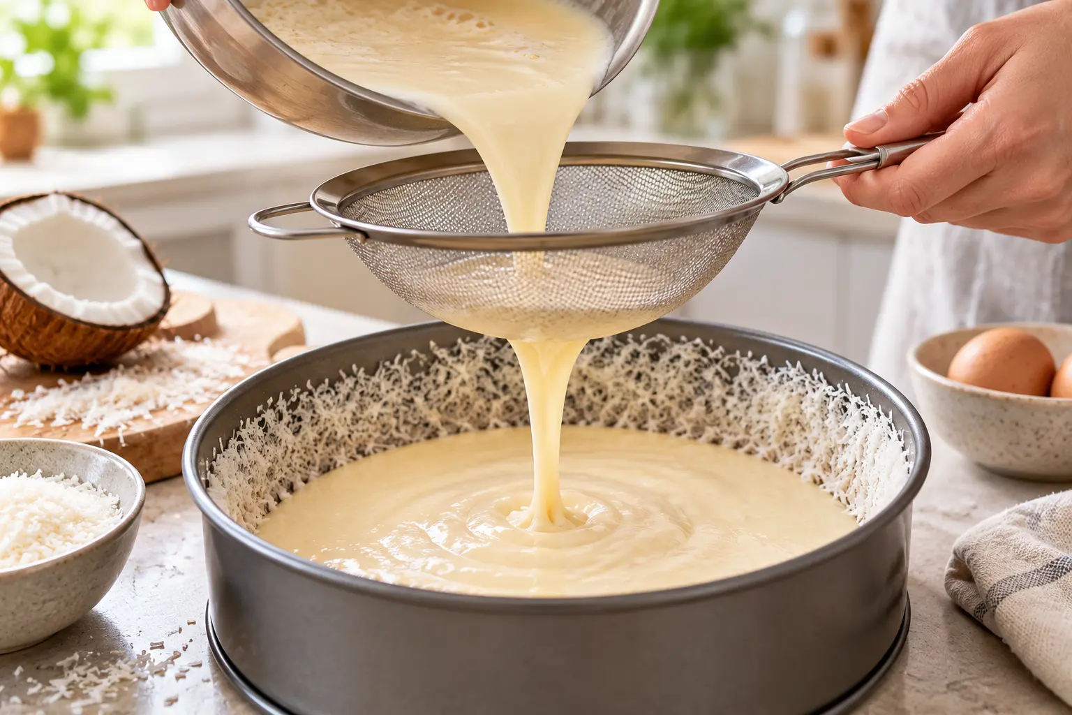 Appareil à flan coco versé dans le moule, prêt à enfourner