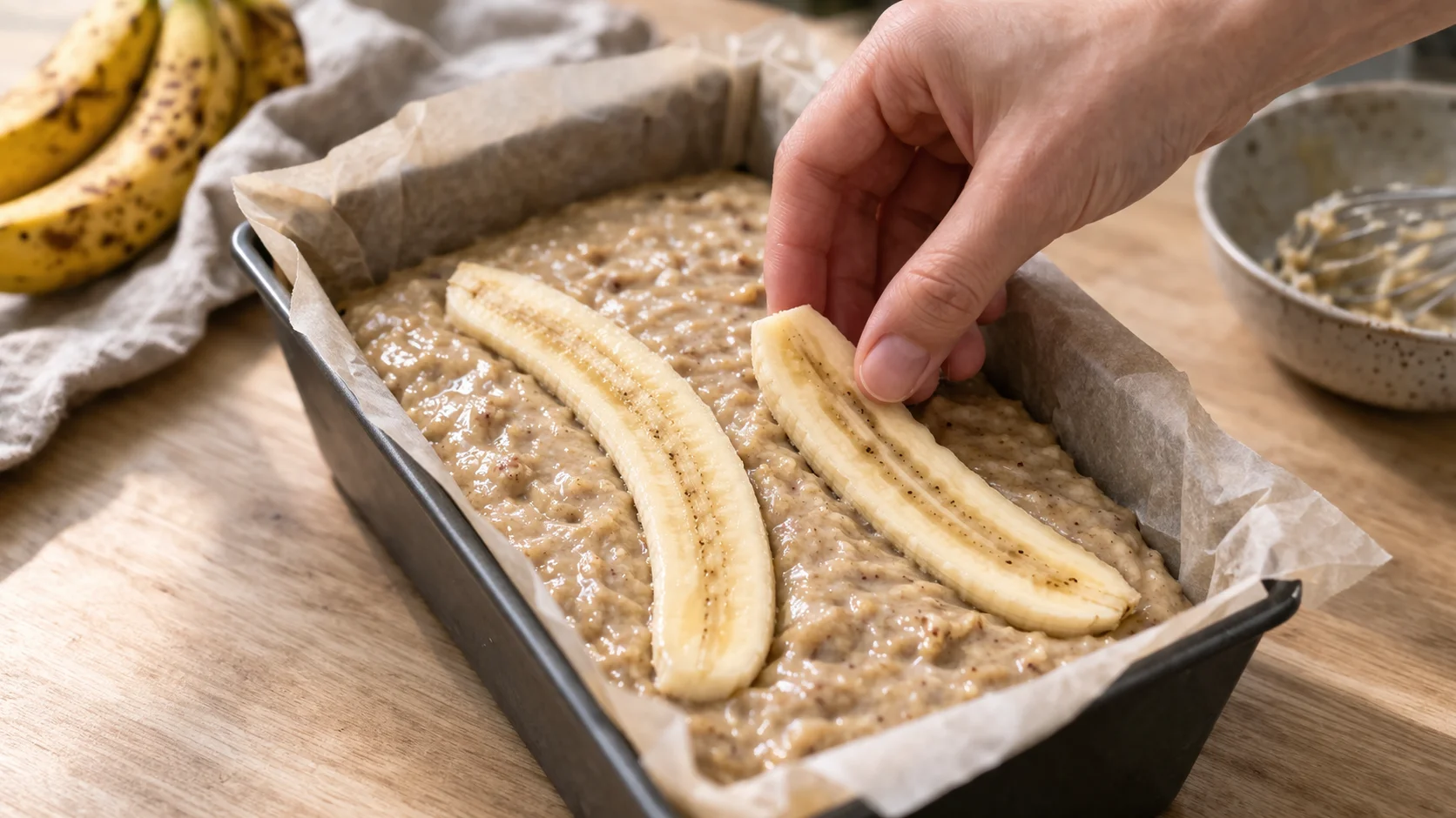 Pâte à banana bread versée dans un moule chemisé de papier cuisson, deux demi-bananes posées sur le dessus en décoration, prêt à enfourner