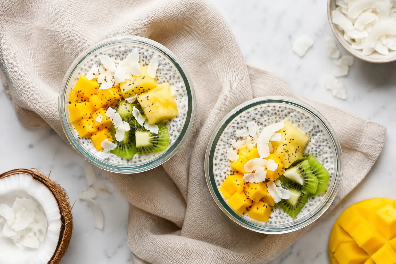 Chia pudding coco vu du dessus avec garniture de fruits tropicaux et noix de coco râpée