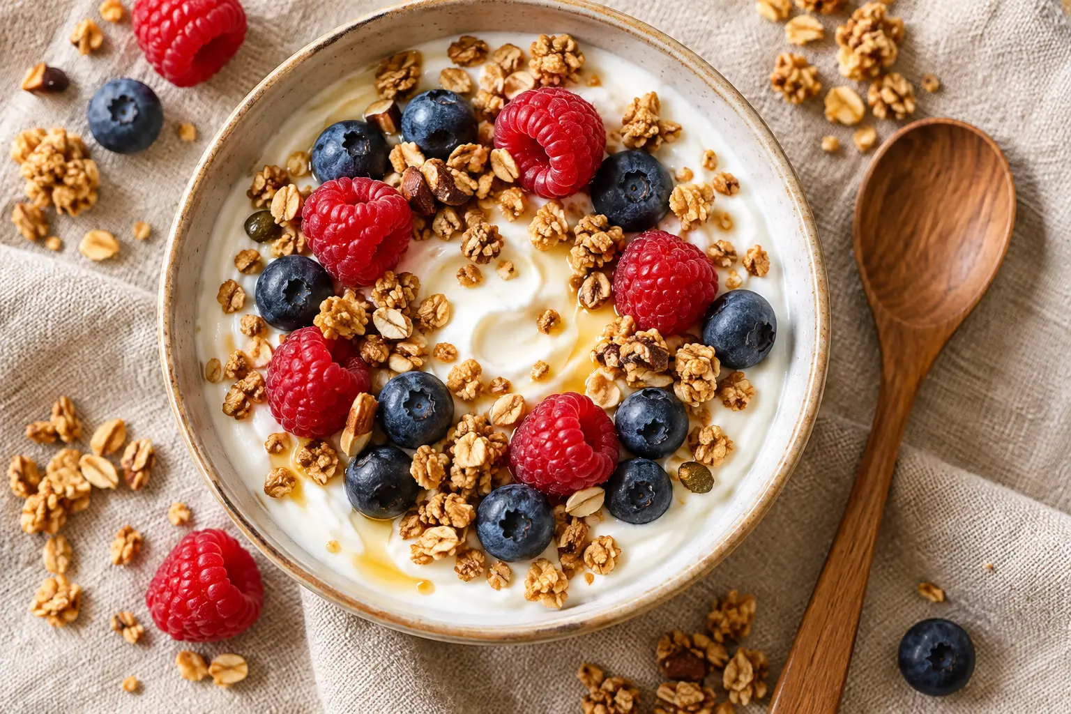 Gros plan sur le yaourt fruits rouges granola avec des framboises et myrtilles fraîches