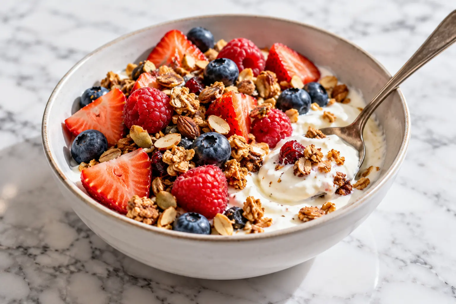 Portion individuelle de yaourt grec bowl fruits et granola avec cuillère