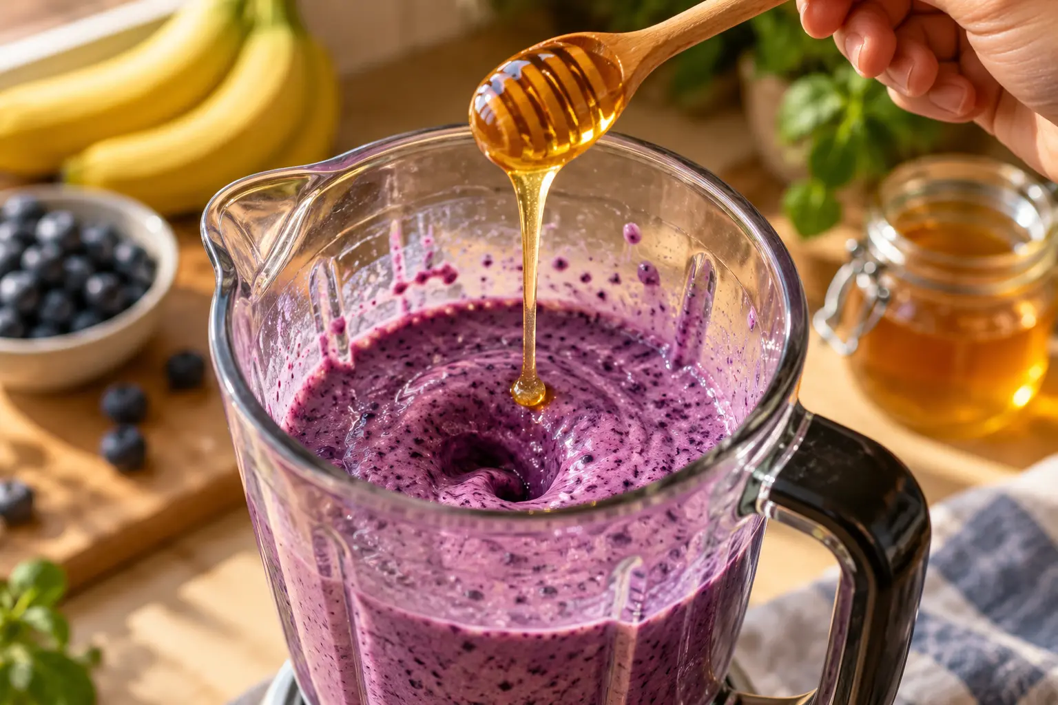 Cuillère de miel ajoutée au-dessus du blender contenant le smoothie violet