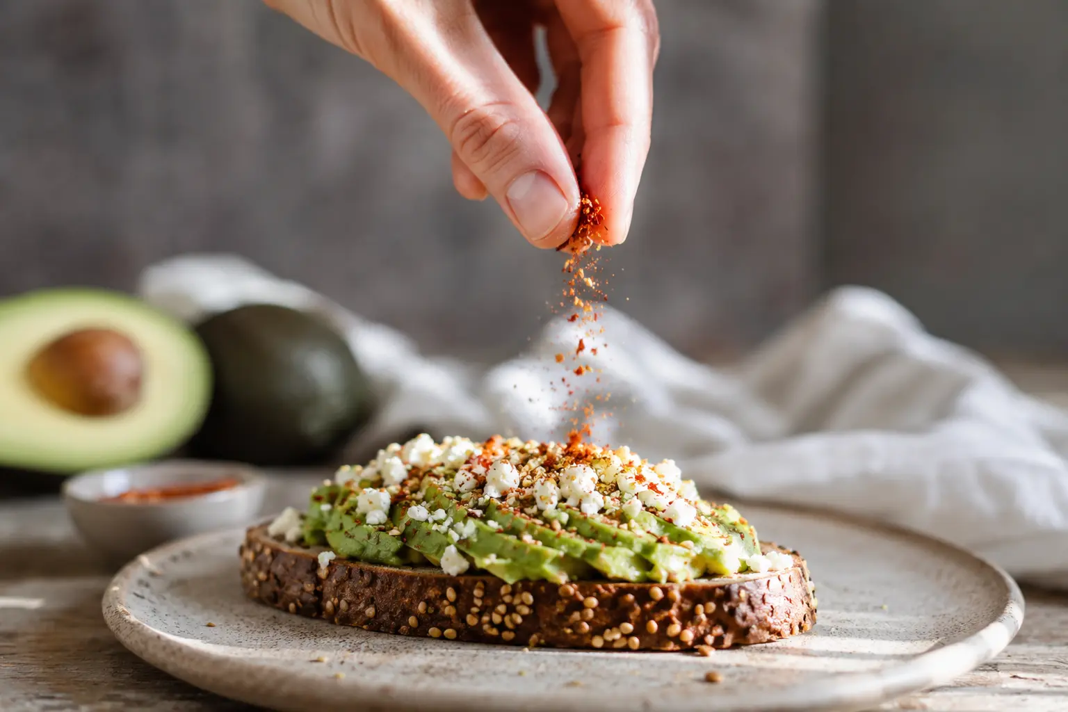 Toast avocat feta terminé avec piment d'Espelette et graines de sésame saupoudrés par-dessus