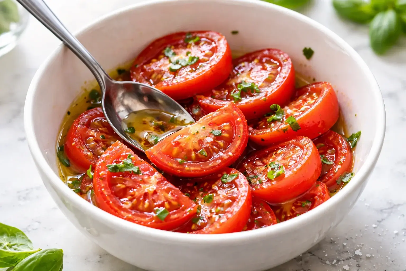 Rondelles de tomates rouges et mûres dans un bol blanc avec un filet d'huile d'olive dorée, fleur de sel et basilic ciselé, cuillère mélangeant délicatement, plan de travail en marbre blanc