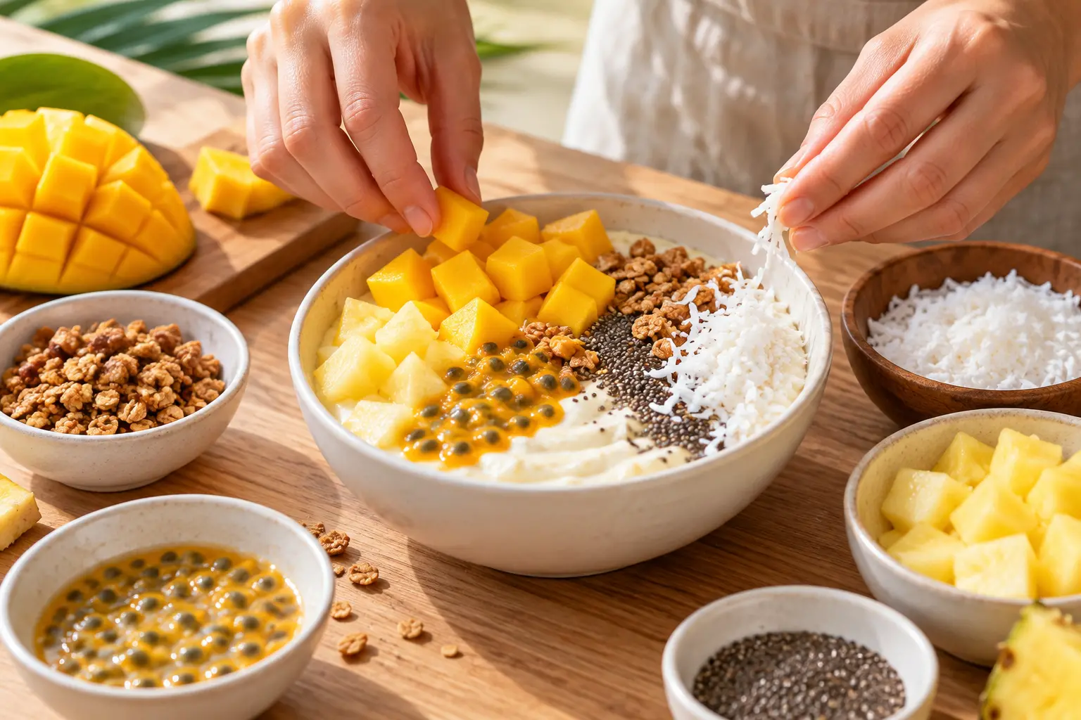 Mains disposant les fruits tropicaux et les toppings sur le bowl protéiné
