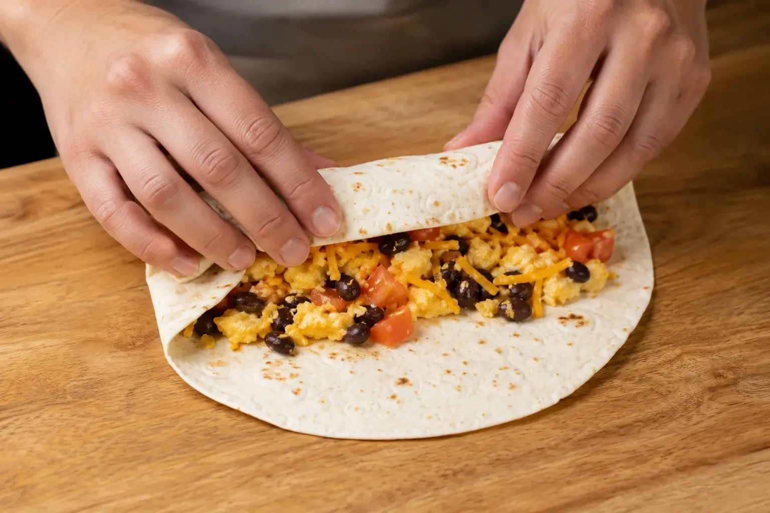 Mains assemblant un burrito avec œufs brouillés et haricots noirs sur une tortilla