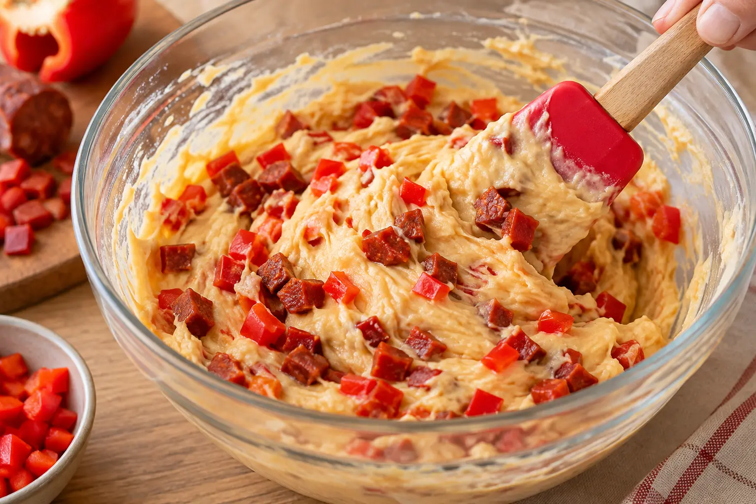 Spatule incorporant les dés de chorizo et de poivron dans la pâte à muffins