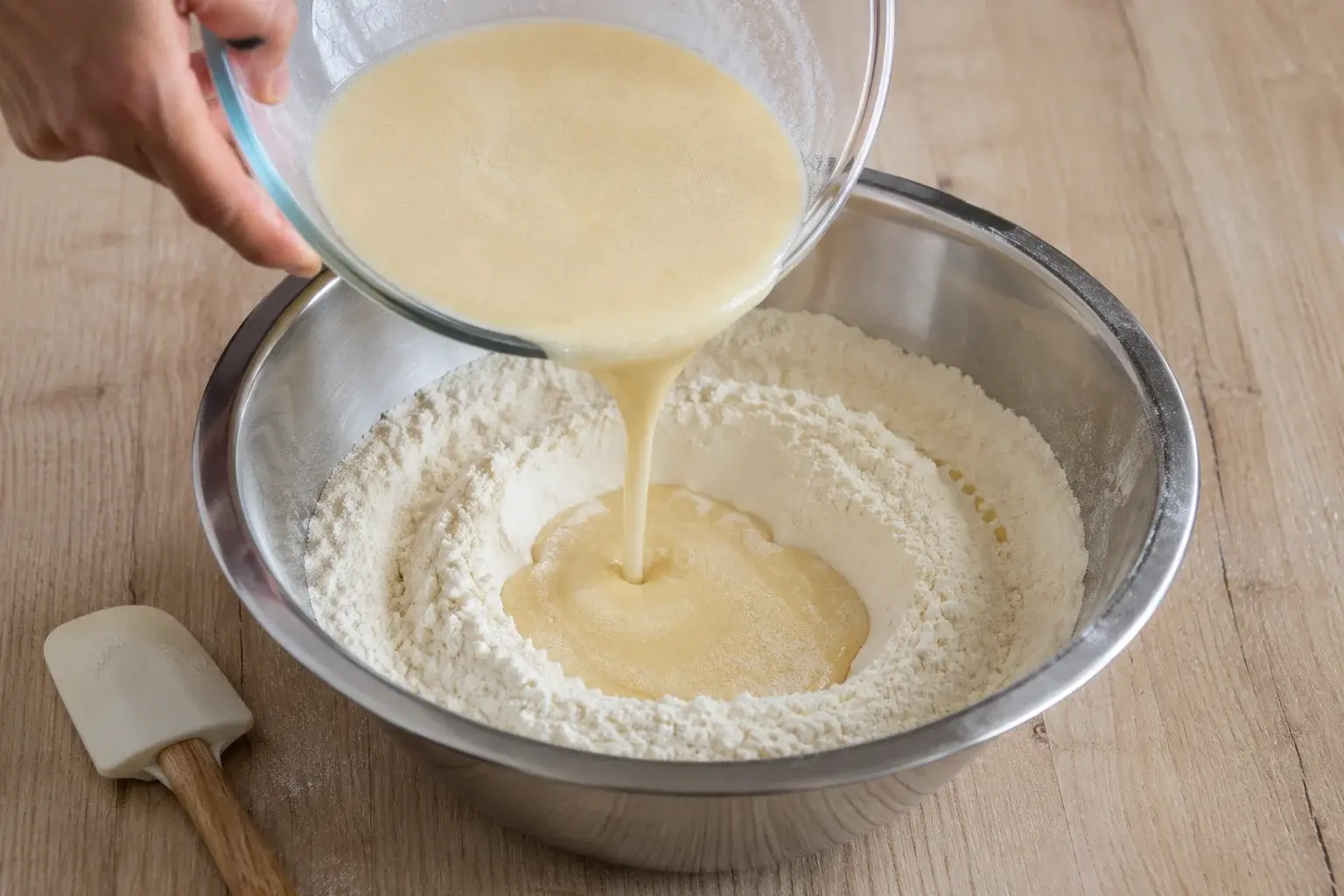 Pâte à gaufres vanille versée du bol humide vers le saladier de farine