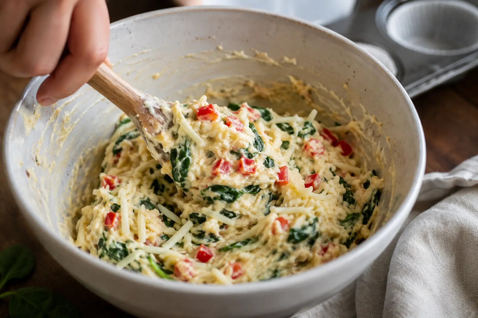 Spatule mélangeant la pâte à muffins avec les morceaux de légumes visibles