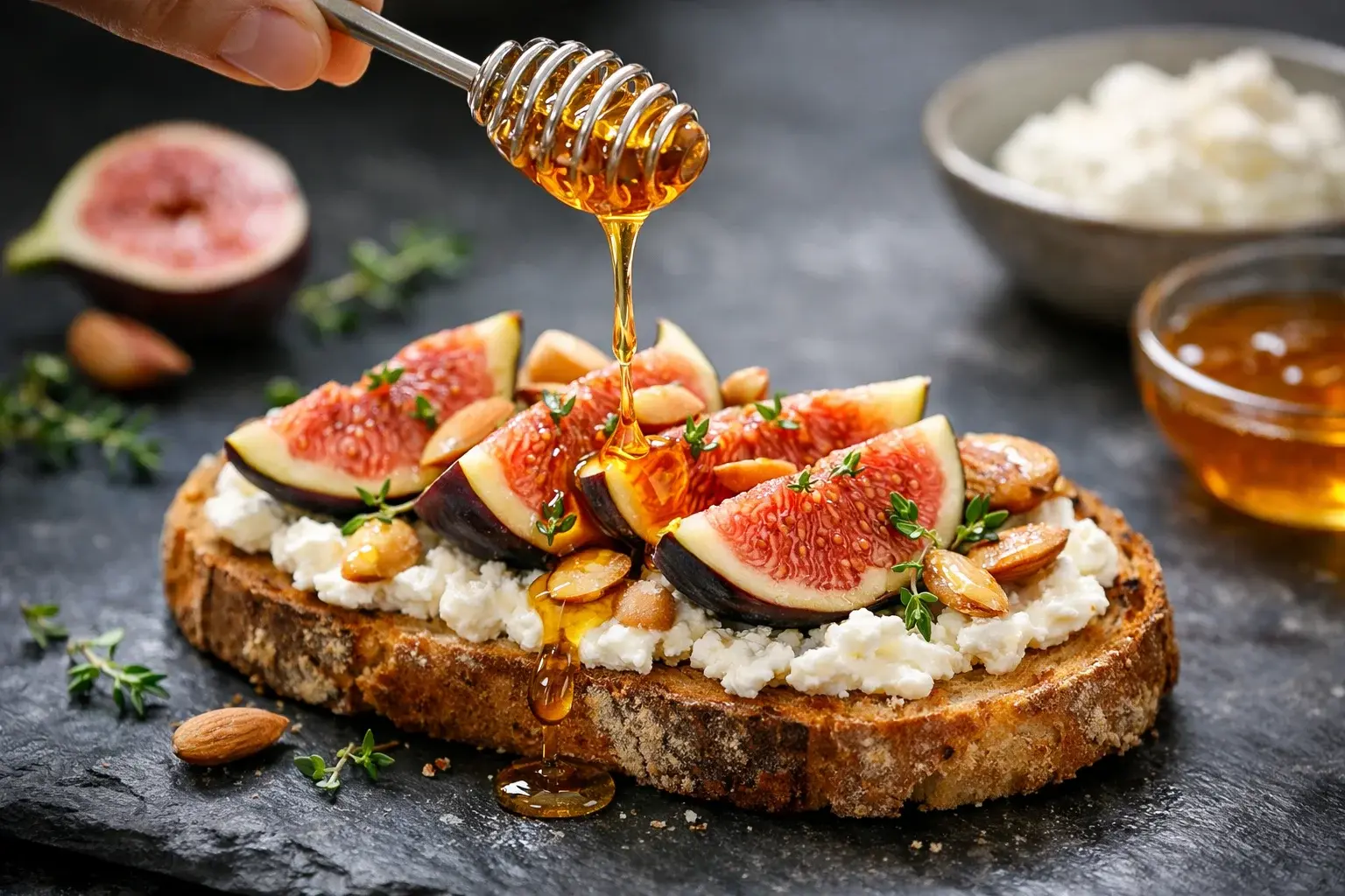Main versant un filet de miel ambré en spirale sur un toast garnir de ricotta crémeuse et de quartiers de figues roses et violets, noix grillées et thym frais visibles, fond ardoise sombre