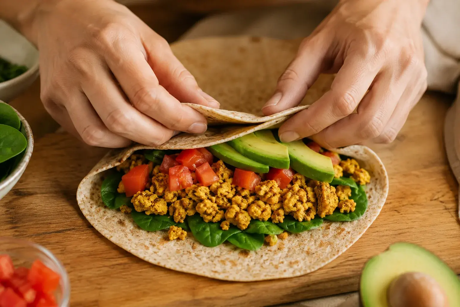 Assemblage du wrap avec tofu brouillé, épinards, tomate et avocat