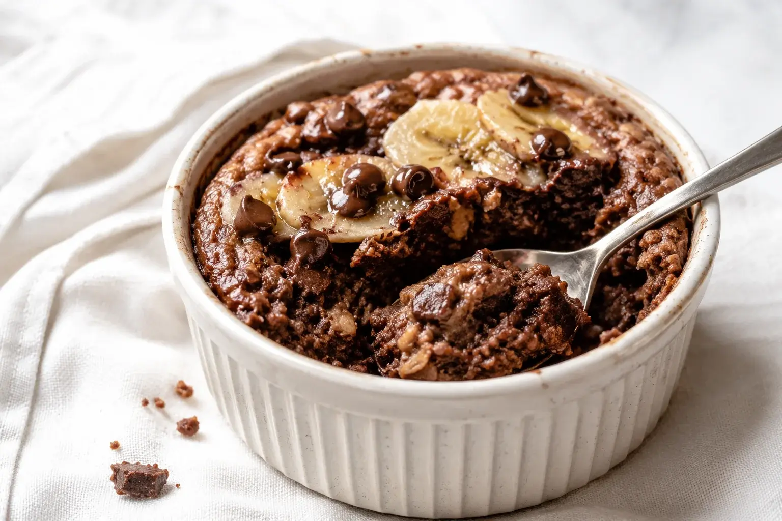 Part de baked oats chocolat-banane protéinés avec une cuillère, gros plan sur la texture fondante