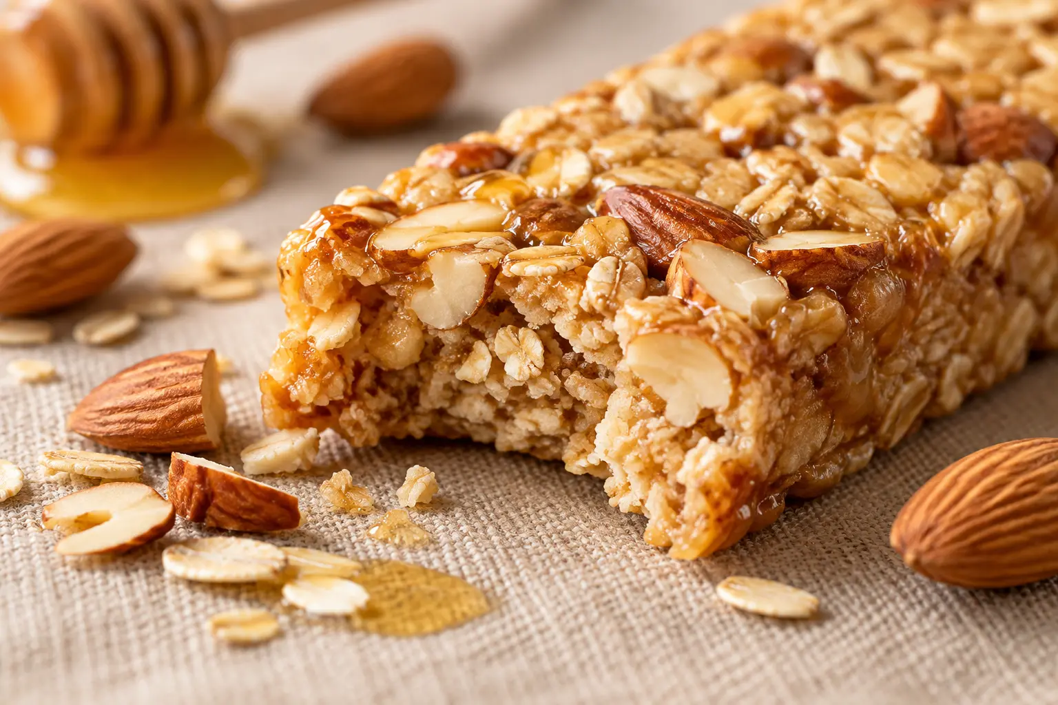 Gros plan sur une barre amandes-miel protéinée montrant la texture croquante des amandes