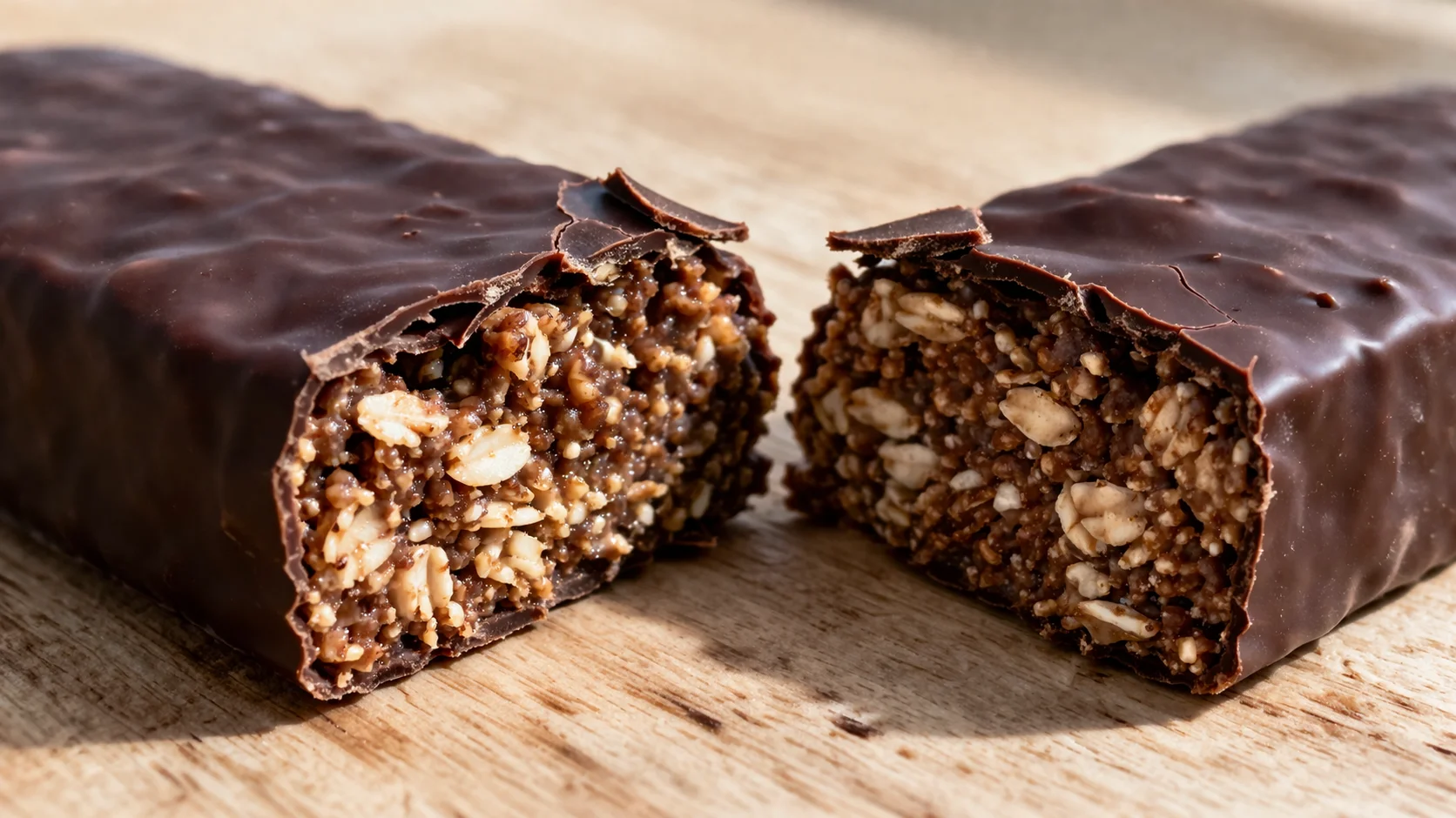Gros plan sur une barre protéinée chocolat cassée en deux révélant la texture dense et granuleuse avec flocons d'avoine et éclats de chocolat, fond bois clair