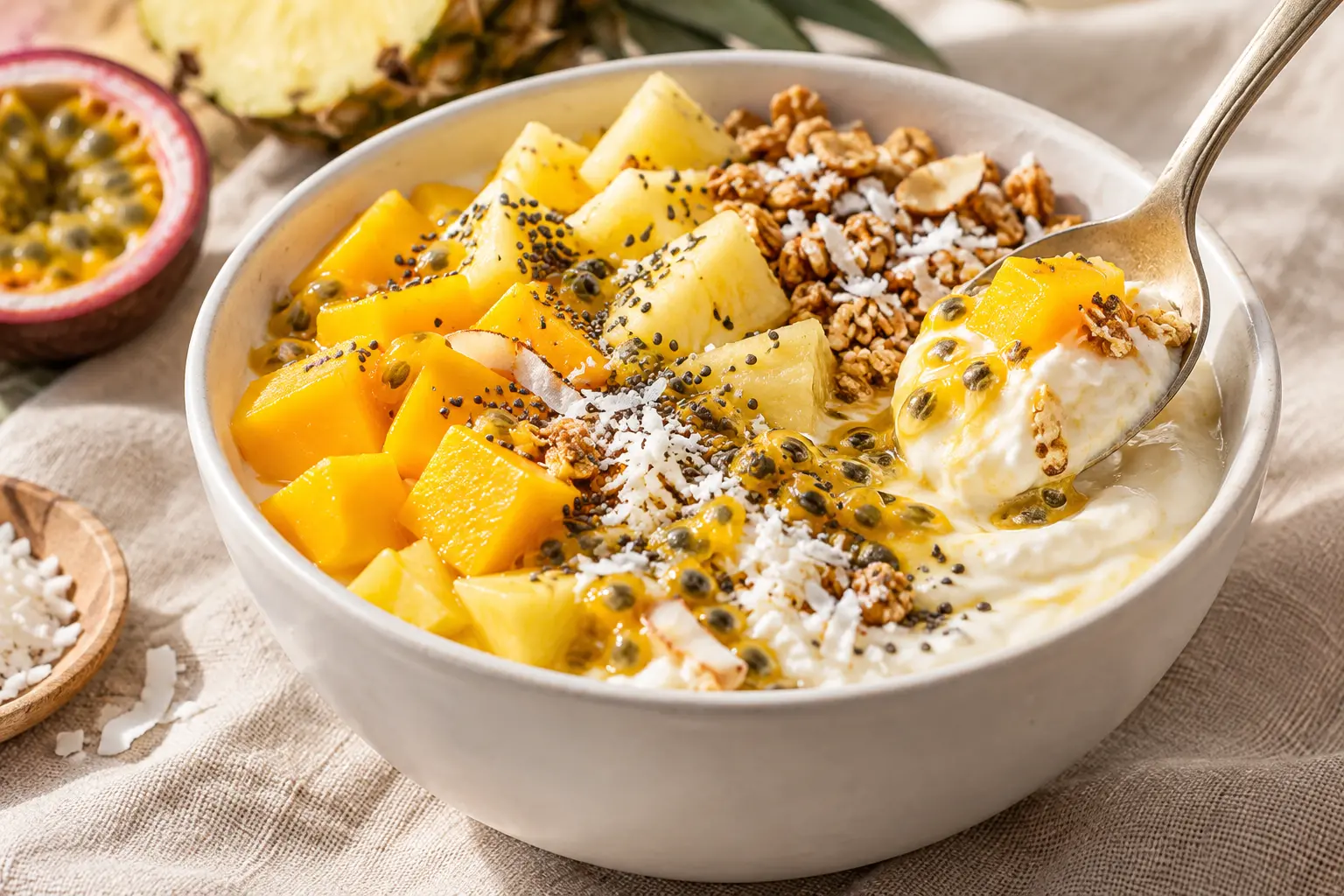 Bowl protéiné tropical en gros plan montrant la texture crémeuse de la base et les fruits frais