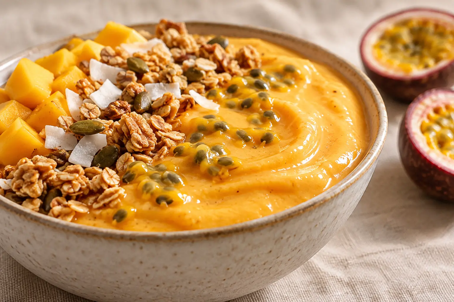 Bowl smoothie mangue-passion protéiné en gros plan avec toppings croquants