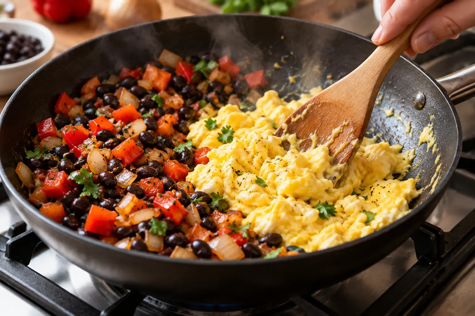 Main remuant des œufs brouillés à la spatule dans une poêle avec les légumes et haricots noirs
