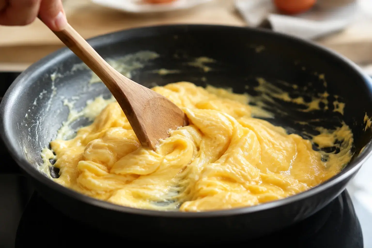 Œufs brouillés crémeux remués à la spatule dans une poêle antiadhésive