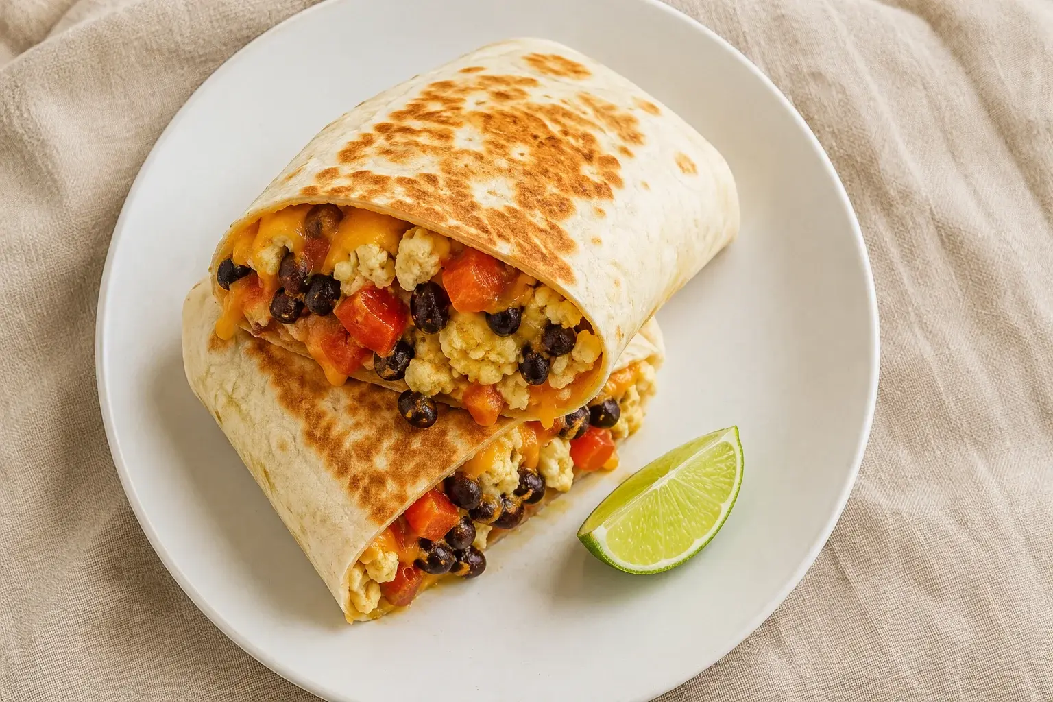 Burrito œufs-haricots noirs vu du dessus avec garniture visible