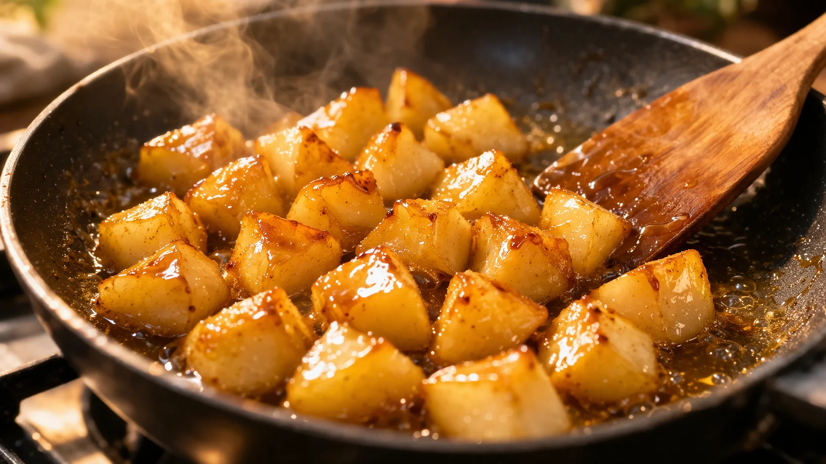 Dés de poire en train de caraméliser dans une poêle avec du miel et de la cannelle, surface dorée et brillante visible, spatule à côté