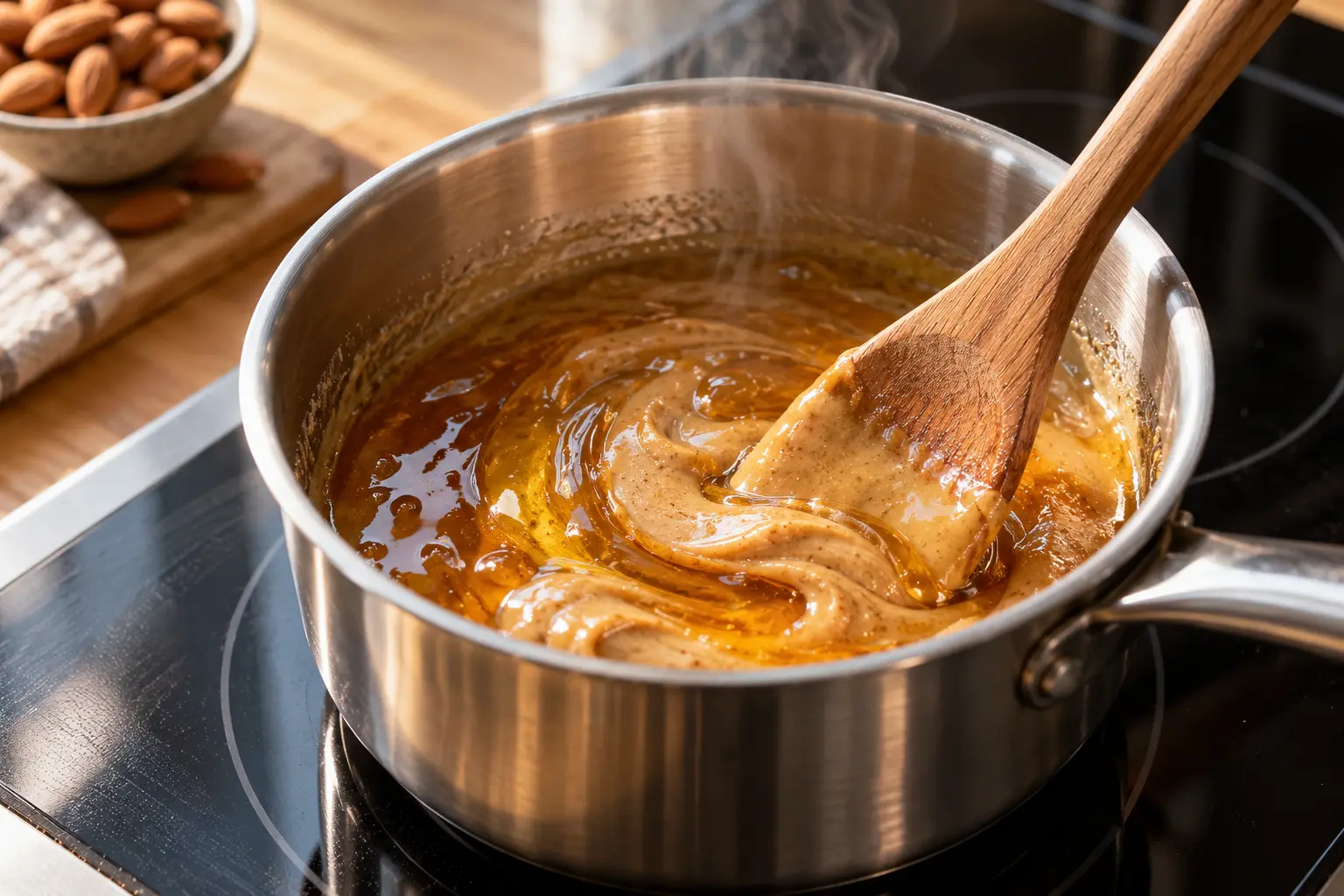Casserole avec miel et purée d'amande en train de fondre à feu doux