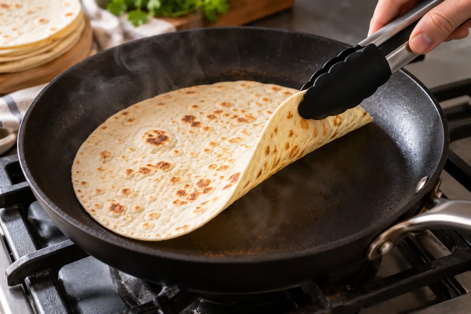 Tortilla de blé en train de chauffer dans une poêle sèche