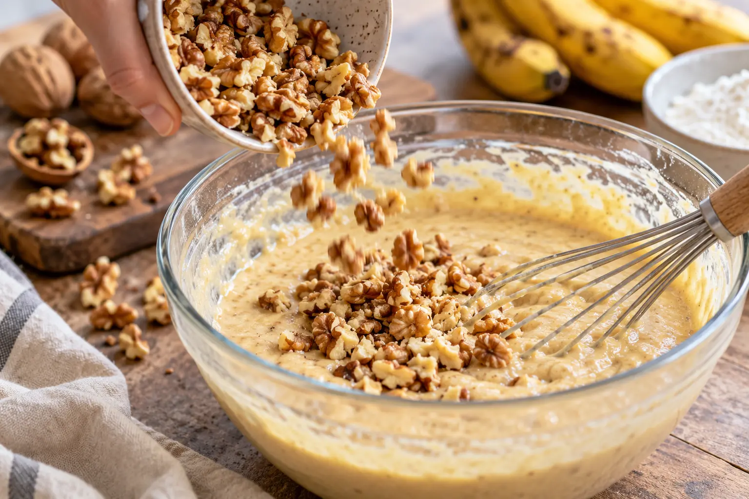 Noix concassées incorporées dans la pâte à gaufres banane