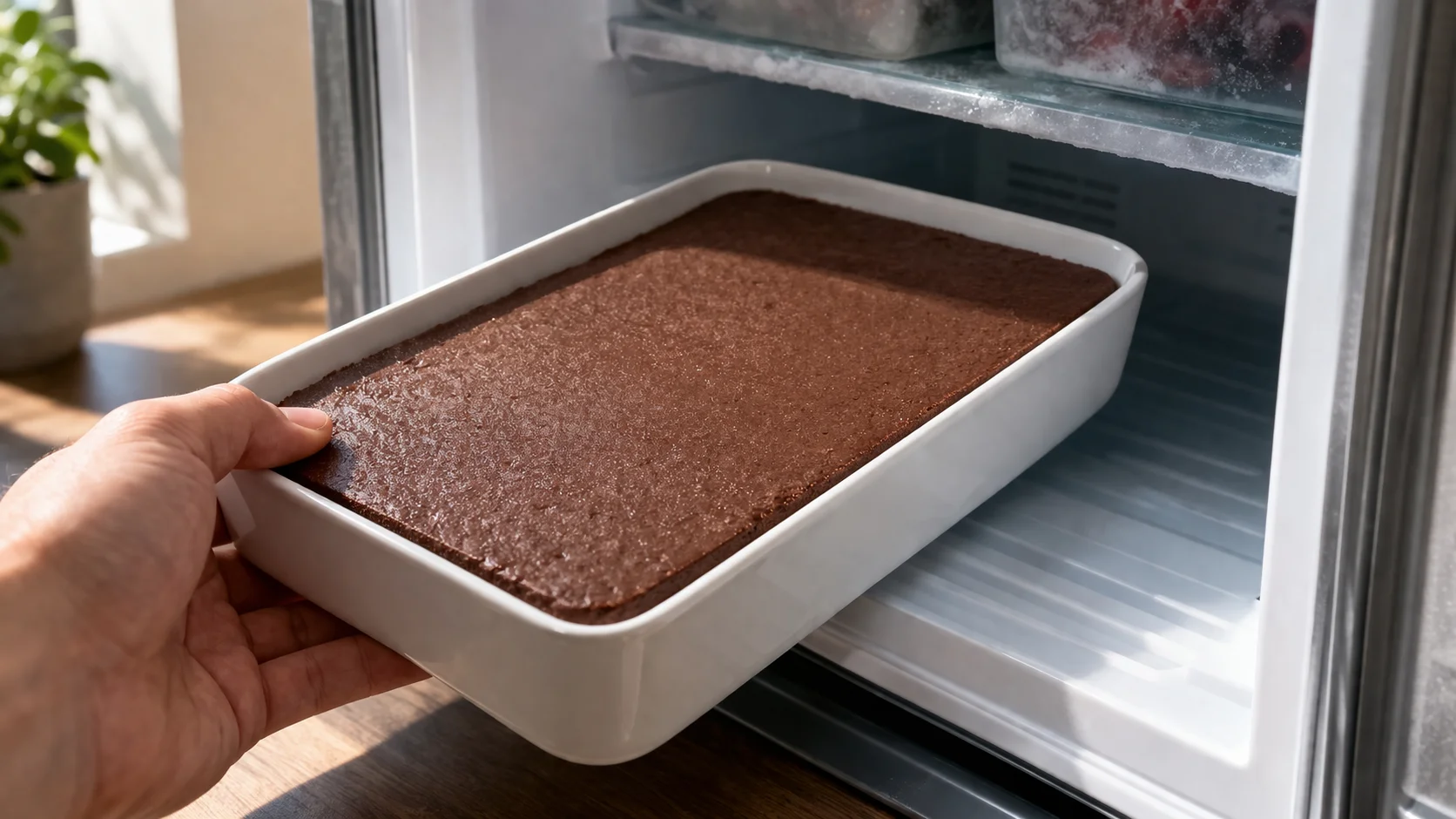Plat rectangulaire contenant la masse protéinée chocolat comprimée en train de passer au congélateur, texture dense et brune bien visible, surface lisse et uniforme