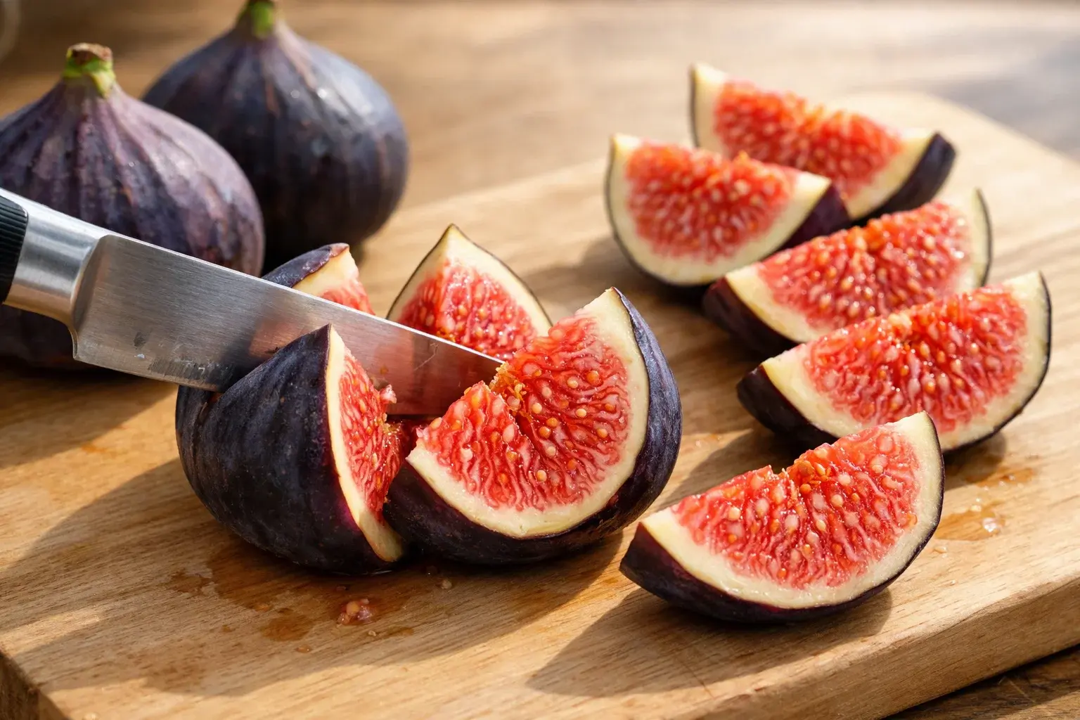 Couteau découpant des figues fraîches violettes en quartiers sur une planche en bois clair, chair rose-rouge des figues mûres bien visible, quelques figues entières à côté